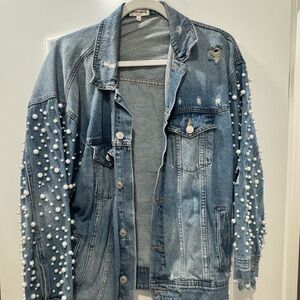Distressed Denim Jacket with Pearl Embellishments